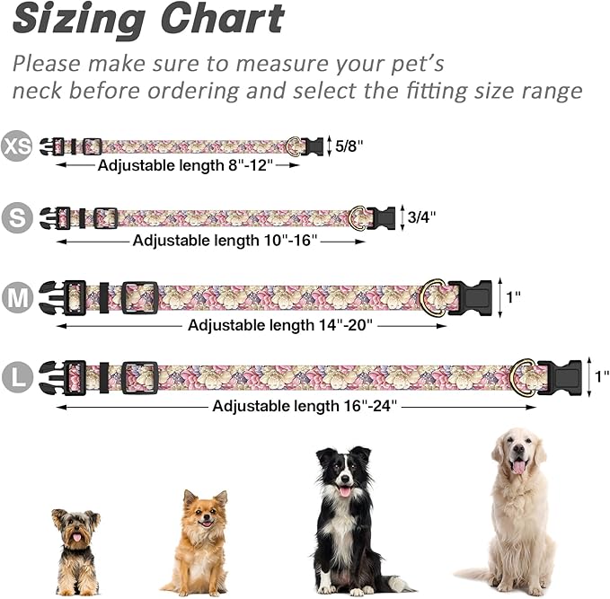 Reflective Dog Collar for Extra Small Dogs, Cute Flower Theme Adjustable Heavy-Duty Nylon Puppy Collar for Boy and Girl Female, Soft Pet Accessories with Quick Release Buckle, Colorful Floral