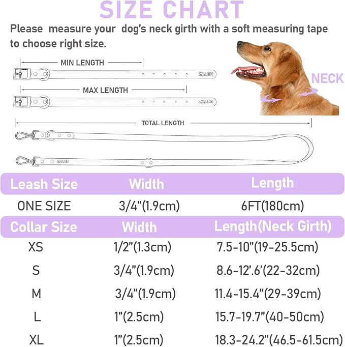 ZALER Dog Collar and Leash Set, Waterproof Adjustable Odor Proof Pet Collars Leashes Easy to Clean, 6FT Dog Leash with 2 Hooks for Large, Medium Small Dogs (M, Purple)