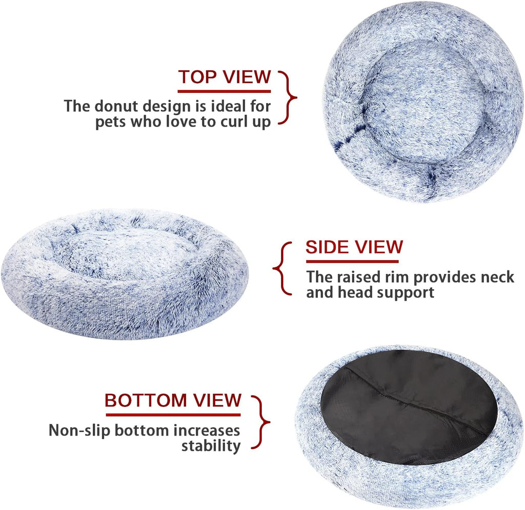 Bedfolks Calming Donut Dog Bed, 23 Inches Round Fluffy Dog Beds for Small Dogs, Machine Washable Anti-Anxiety Plush Puppy Bed（Navy Blue, Small）