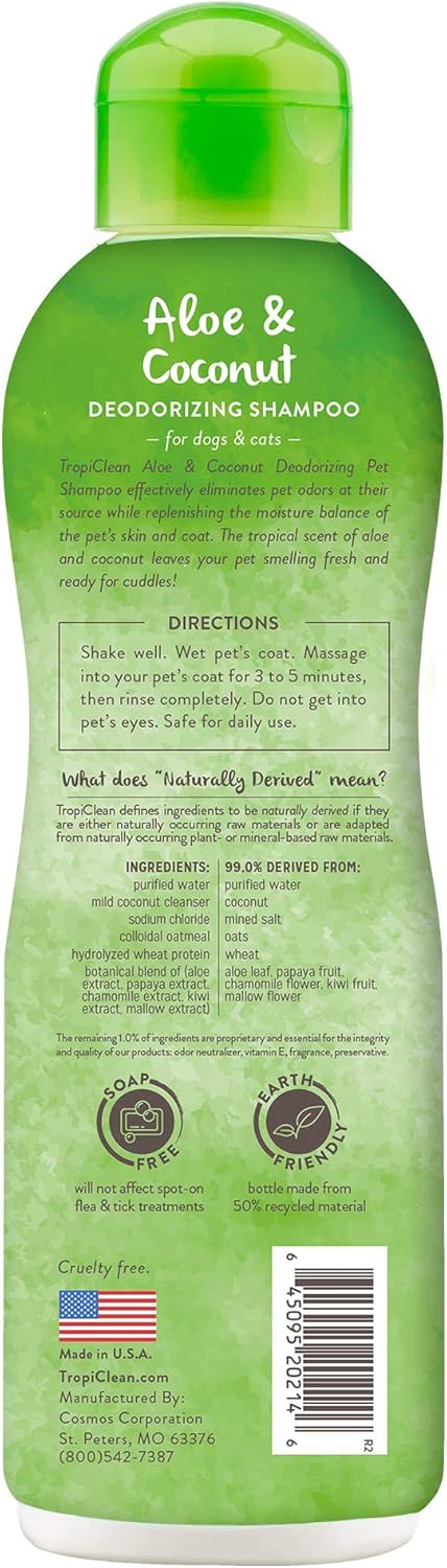 TropiClean Deodorizing Dog Shampoo for Smelly Dogs, Powerful Odor Control, Puppy Safe, Made in the USA, Aloe & Coconut Scent, Cat Friendly, 20oz.