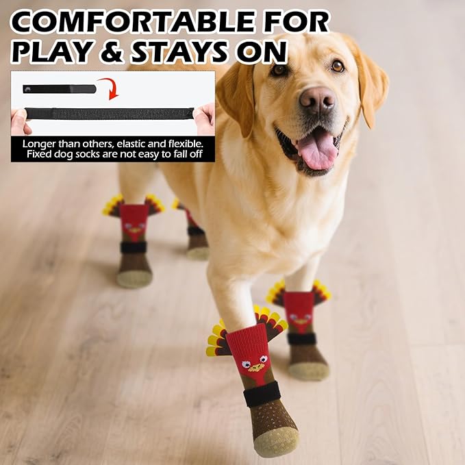 EXPAWLORER Thanksgiving Anti Slip Dog Socks to Prevent Licking Paws,Boots & Paw Protectors with Grippers,Doggie Booties for Hardwood Floors for Small Medium Large Senior Dogs Lifelike Costume Turkey S
