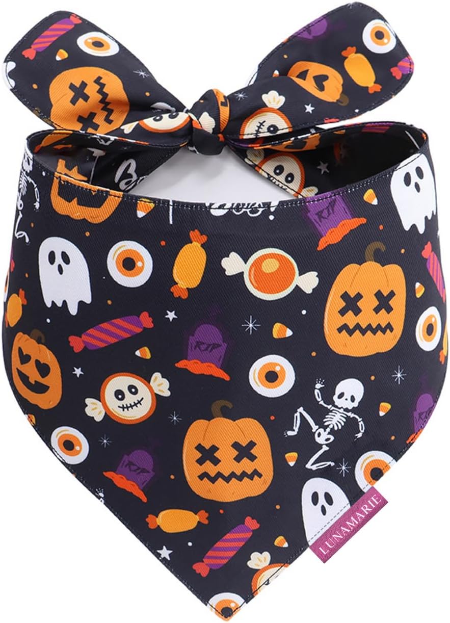 LunaMarie - Luxury Cat and Dog Bandanas - Halloween Designs | Premium Silky Poly Fabric | 100% Handmade Custom Shape Dual Layered Small, Medium, Large Cat Scarf (Trick-Or-Treat, Medium)