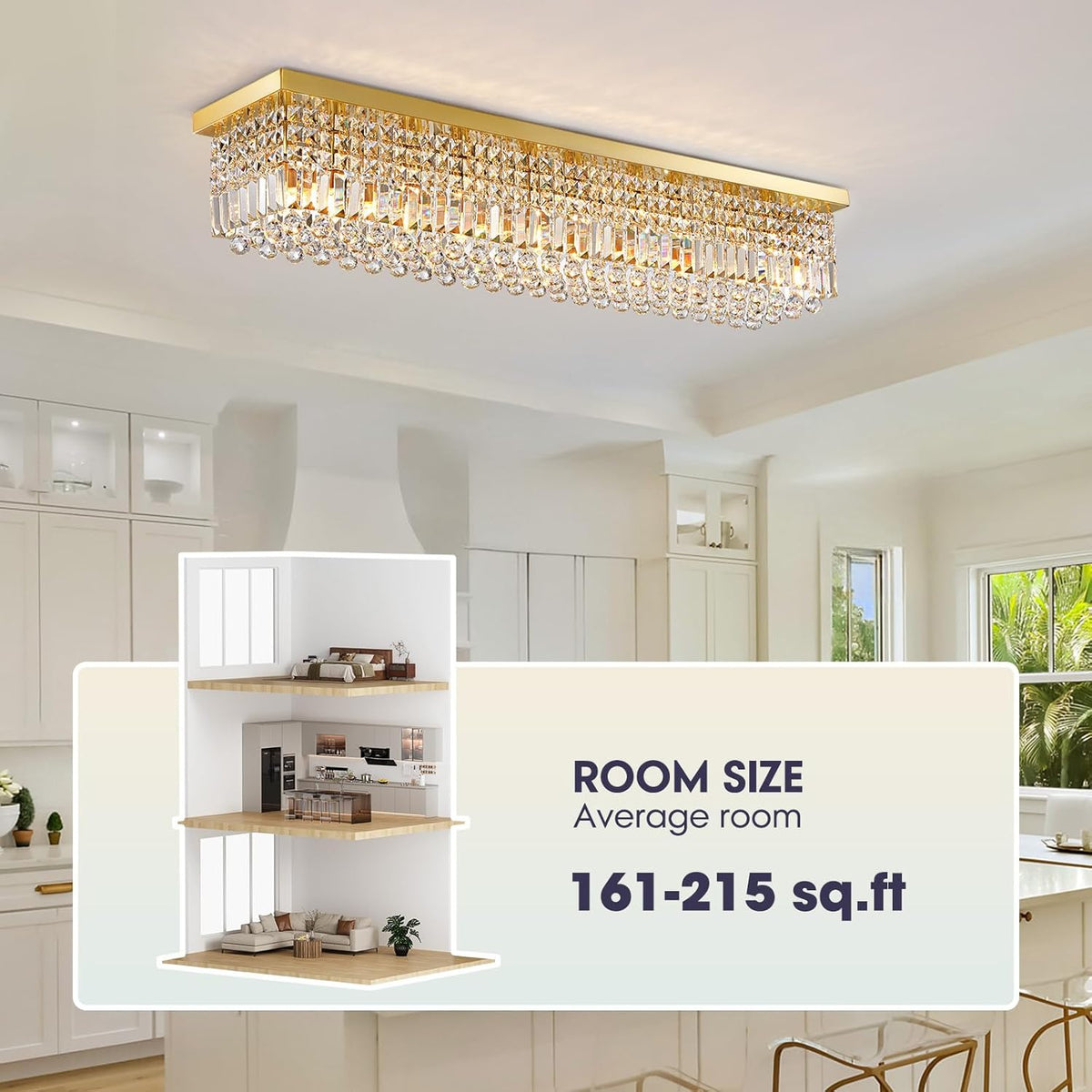 10 Lights Gold Flush Mount Rectangle Chandelier, Modern K9 Crystal Chandeliers Light Fixture Rectangular Raindrop Chandelier Pendant Island Light for Living Dining Room Kitchen Bar L47 Inch