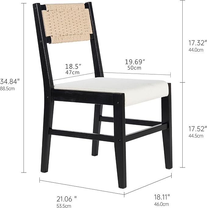 Chogori Wooden Dining Chairs, Modern Farmhouse Kitchen & Dining Room Accent Side Chairs with Woven Rope Back and Fabric Upholstered for Home, Living Room (Black, Set of 4)