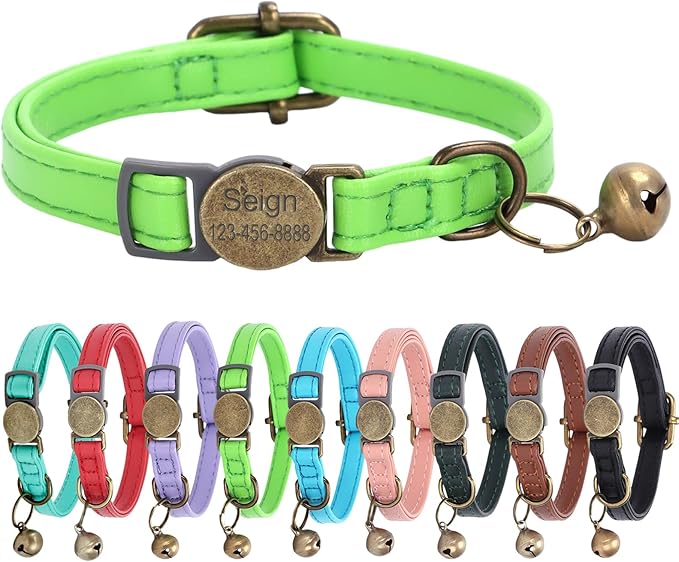 Cat Collar Breakaway, Personalized Leather Cat Collar with Bells-Adjustable Customized Collar with Name & Phone Number Tag for Girl Boy Cats-Quick Release Buckle for Cats & Kittens(LimeGreen)