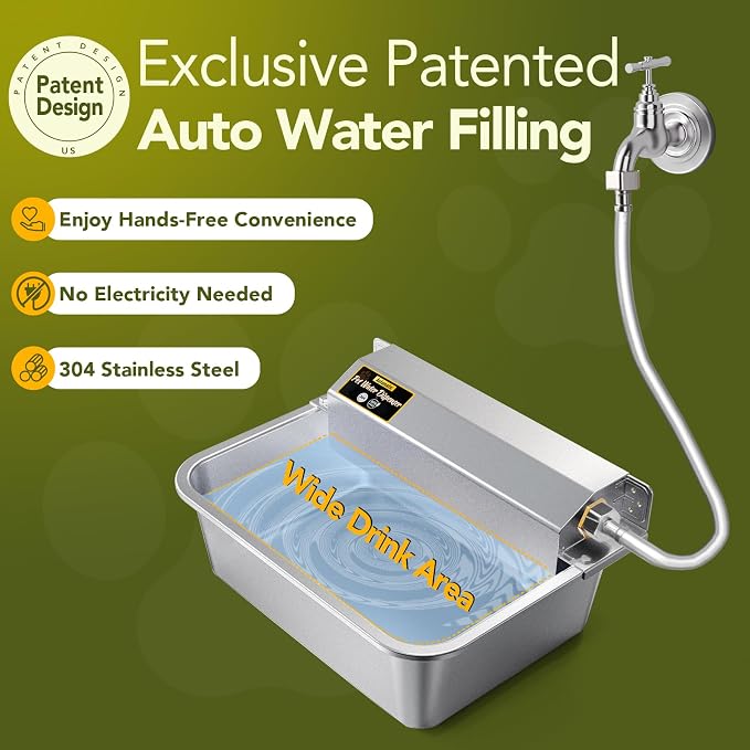 Automatic Water Dispenser for Dogs 2 Gallons, 304 Stainless Steel Dog Water Bowl Dispenser for Farm Chicken Pets Indoor&Outdoor Dog Waterer Feeder Fit 3/4'' GHT Faucet Auto Filling Wide Drinking Area