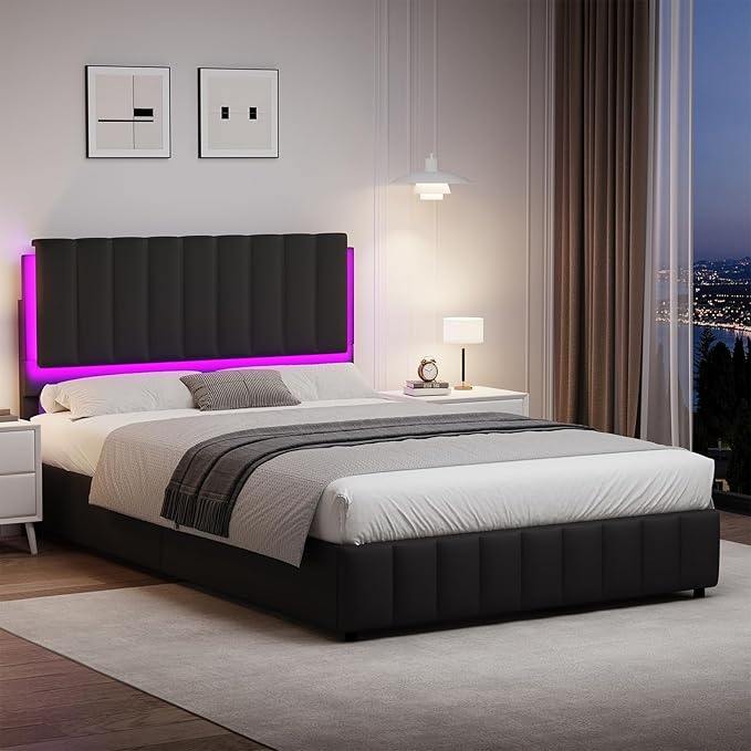 Full Size Bed Frame with LED Lights, Faux Leather Upholstered Platform Bed with Headboard and Wooden Slats Support, No Box Spring Needed, Noise-Free, Easy Assembly, Black