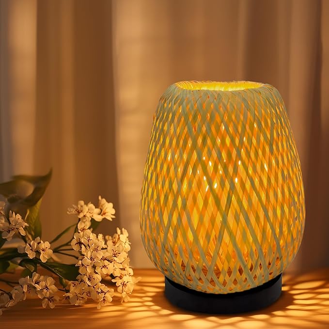 Boho Woven Nightstand Table Lamp - Bamboo 3 Color Temperature Handmade Lamp for Bedroom, Living Room
