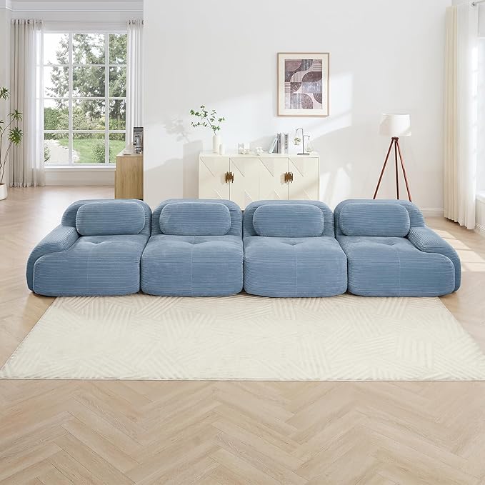 152" Modern Corduroy Cloud Sofa, Boneless Modular Large Sectional Couches for Living Room, Blue 4 Seater Compressed Memory Foam Couch, Extra Deep Seat, No Assembly