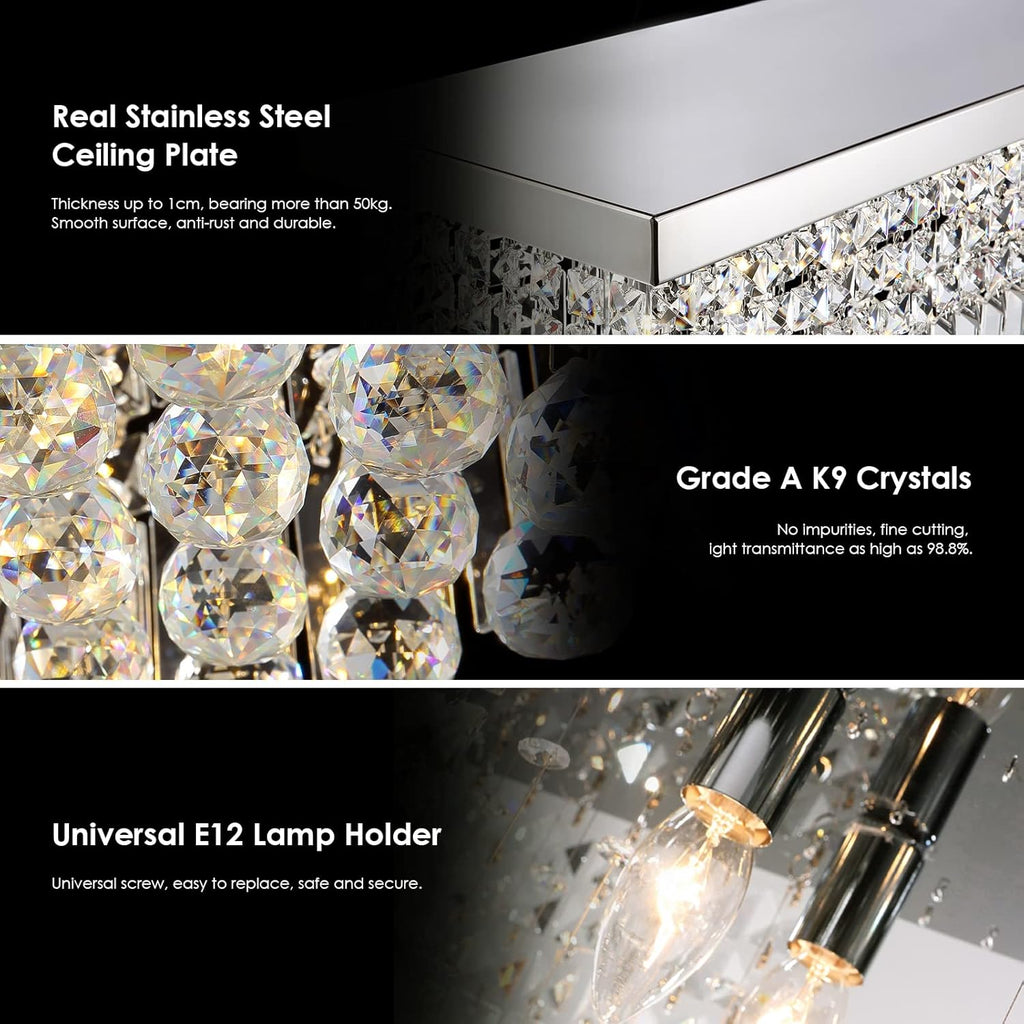 Siljoy Modern Crystal Chandelier 8-Lights Rectangular Flush Mount Pendant Ceiling Light Fixture Rectangle K9 Crystal Raindrop Chandelier for Dining Living Room Kitchen Island L40'' x W10'' x H10'