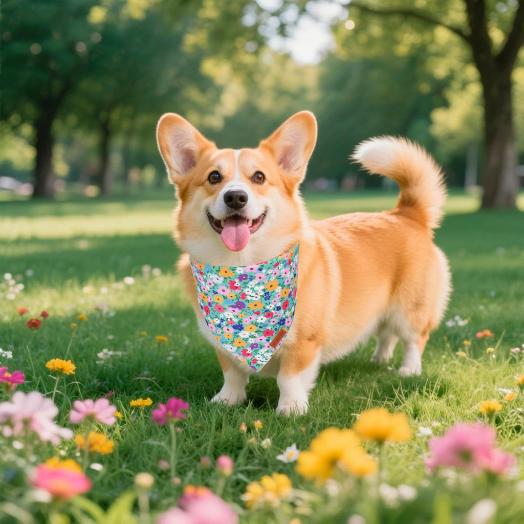 PTDECOR Floral Dog Bandana, Flower Reversible Pets Scarf, Premium Durable Fabric, Adjustable Pink Green Bandanas for Small Dogs Puppies Cats(Small)