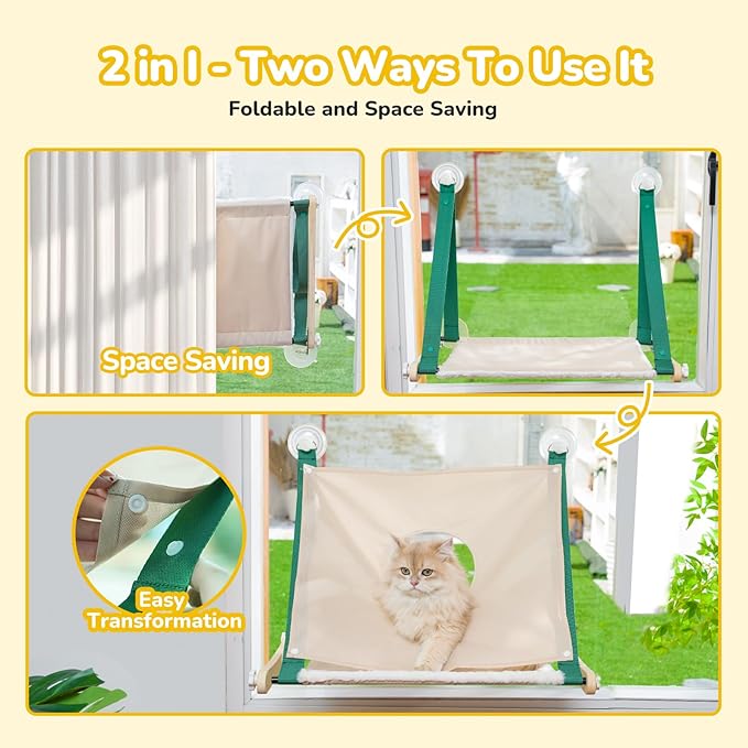 CATISM Cat Window Perch Foldable - Cats Hammock for Window, 2 in 1 Cat Window Hammock Bed for Indoor Cats, Cat Perch with Sturdy Screw Suction Cups for Kittens (Green)