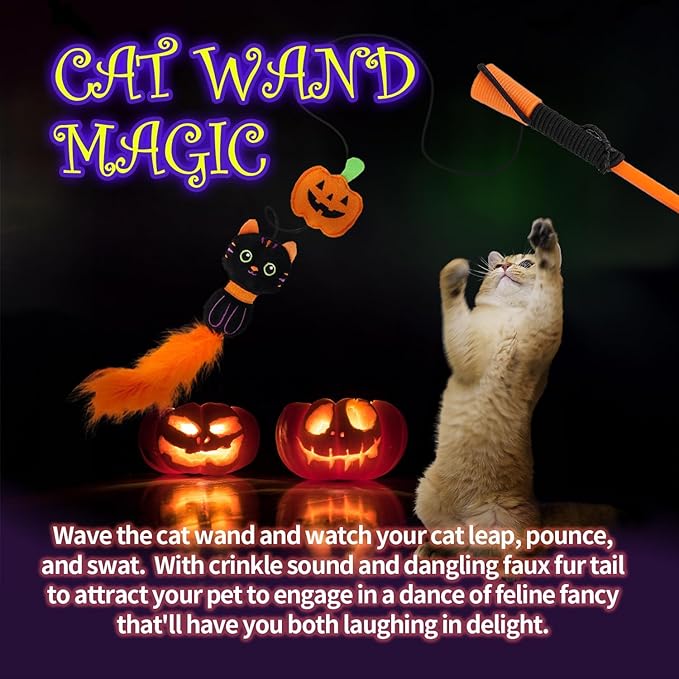 All for Paws Halloween Cat Gift Set – 4 Pack Cat Toys for Indoor Cats, Treat Dispenser, Lick Mat, Kicker & Wand