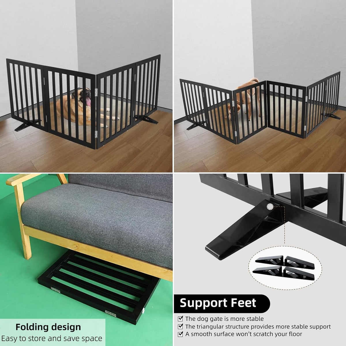 ZJSF Freestanding Indoor Dog Gate for House Foldable Wood Puppy Gate for Doorways Pet Gate for Stairs Extra Wide Pet Fence, Black, 24" Height 4 Panels