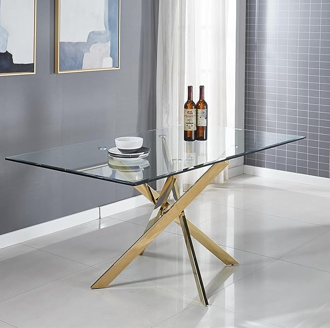 51" Glass Dining Table for 4, Contemporary Rectangular Dining Room Table with Tempered Glass Top & Golden Finish Stainless Steel Legs, Modern Kitchen Table for Home Office