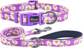 Dog Collar Leash Set, Floral Pattern, with Safety Reflective Strips, 5 ft Matching Leash, Neoprene Padded Handle, Adjustable 4 Sizes for Small Medium Large Dogs.(L, Purple Daisy)