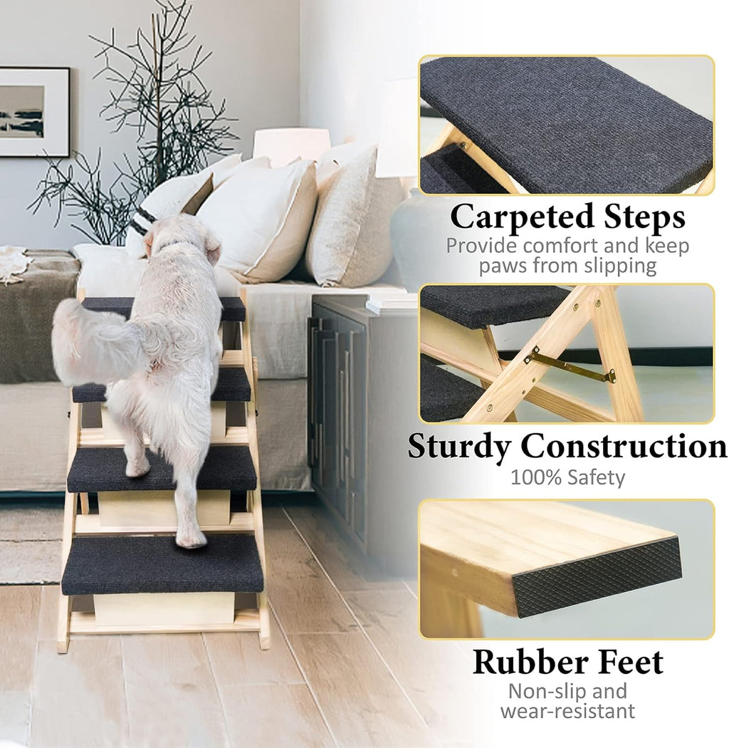 BRIKY 2-in-1 Dog Stairs/Ramp with 4 Steps, Foldable Dog Stairs for High Beds Cars Couch, Durable Wooden Pet Stairs for Small Medium Large Dogs, No Assembly Required