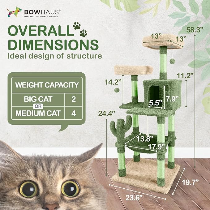 CAPHAUS Cactus Cat Tree for Indoor Cats, Cute 58-Inch Cat Climbing Play Tower with Top Perch for Large Cats Kittens, Multi-Level Cat Activity Tree with Scratching Posts, Hammock, Cat Cave Condo