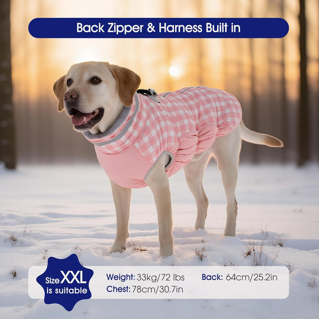 FUAMEY Dog Coat for Large Dogs,Waterproof Dog Winter Jacket with Harness Built in Puppy Cold Weather Coats Reflective Pet Vest with Zipper Warm Fleece Dogs Snowsuit Windproof Pink Plaid 2XL
