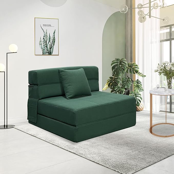 ANONER Memory Foam Fold Out Sofa Bed Couch with Pillow Twin Size Futon Sleeper Chair for Living Room Apartment, Dark Green