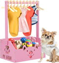 Chunful Dog Closet Wooden Pet Wardrobe Closet Dog Toy Storage Bin with Handle Pet Clothes Rack for Cat Organization and Storage Accessories, 19" x 13" x 9"(Pink)
