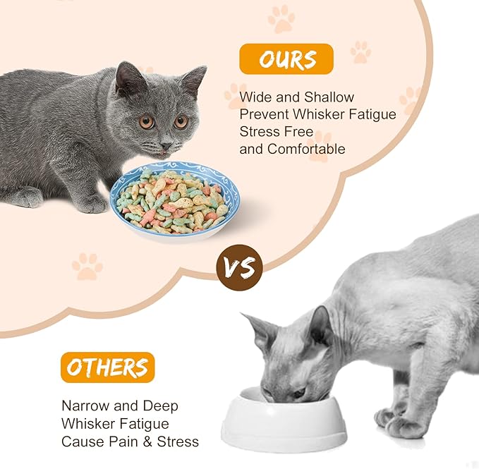 Ceramic Cat Dishes for Food - Colorful Cute Cat Bowl Set of 6 - Wide, Shallow, Whisker Friendly - Microwave and Dishwasher Safe - 8.5 oz - 5.75 inch