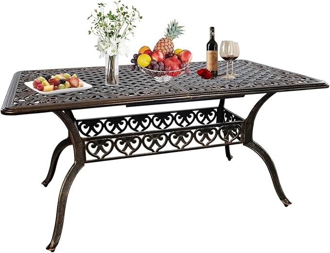 60" Rectangular Patio Dining Tables for 6 Person Cast Aluminum Round PatioTable with 2.5" Umbrella Hole, Wrought Iron Patio Bistro Table Metal Outdoor Bistro Dining Table for Garden,Bronze