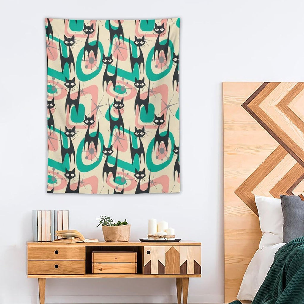 ICMOLYYENLO Boho Medieval Cat Tapestry, Abstract Atomic Starburst Geometric Aesthetic Art Wall Hanging For Bedroom Living Room Dormitory 60x60 Inches