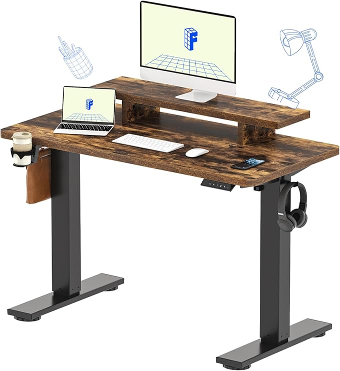 FLEXISPOT Standing Desk with Monitor Stand, 48 x 24 Inches One-Piece Electric Height Adjustable Computer Desk with Cup Holder, Home Office Desks (Black Frame+ Rustic Top)