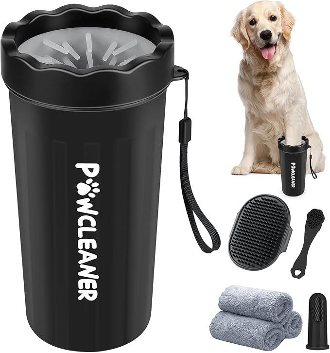 Professional 7 in 1 Dog Paw Cleaner for Dogs & Cats - Includes 1 Portable Paw Washer, 1 Bath Brush, 2 Dog Toothbrushes and 3 Absorbent Towels Note: Fits Paws 2.5 to 3.5 Inches Wide (Large, Black)