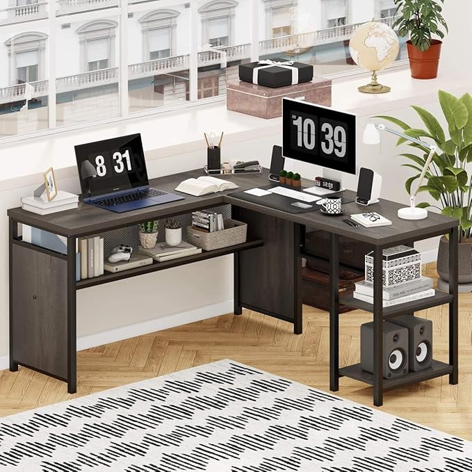 FATORRI L Shaped Desk, Industrial Reversible Home Office Computer Desk with Wood Shelves, Corner Desks with Metal Legs (Walnut Brown, 59 Inch)