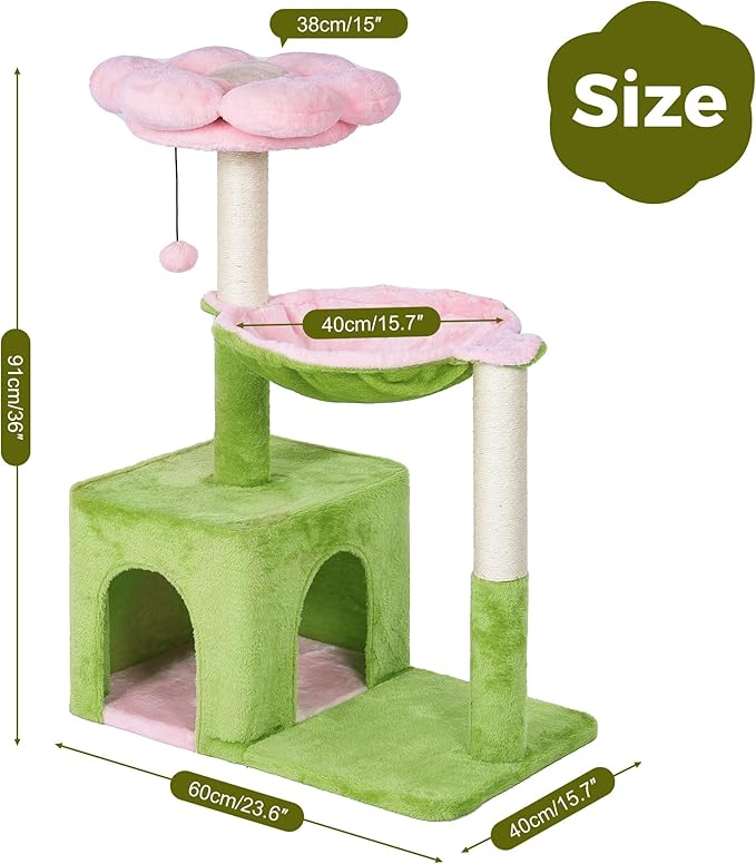 Flower Cat Tree 34 Scratching Post Small Cat Tower for Large Cats, with 15.7”Large Hammock, Removable Top Bed and Wide Condo for Indoor Cats-Pink and Green