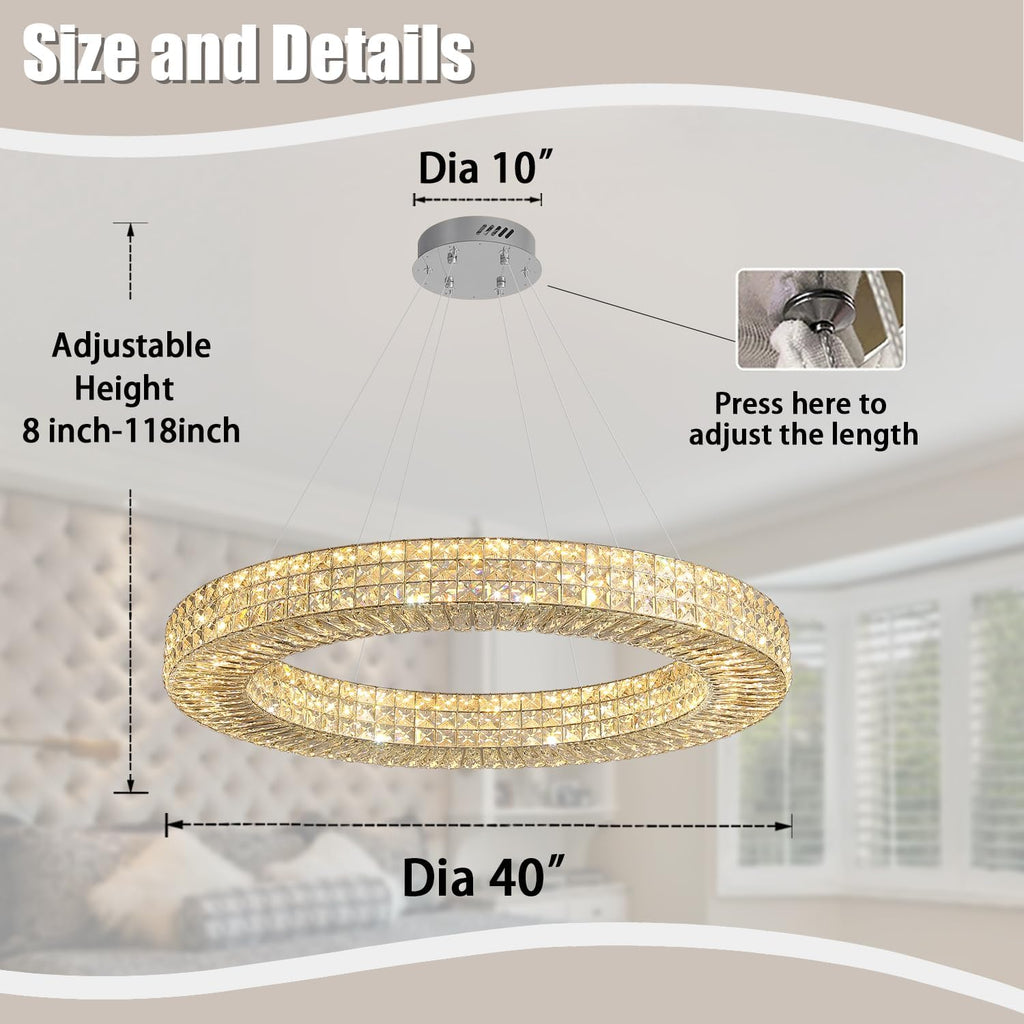 Dia 40" Modern Crystal Chandelier Light Fixtures Silver Luxury Chandeliers for Dining Room Round Hanging Pendant Lighting for Living Room Kitchen Entryway Bedroom