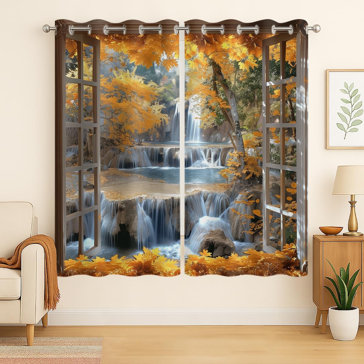 Landscape Blackout Curtains for Girls Boys Teens Home Decor, Nature 3D Autumn Fall Forest Maples Grommet Thermal Insulated Drapes Darkening Window Curtain for Bedroom Living Room, 55 x 63 Inch