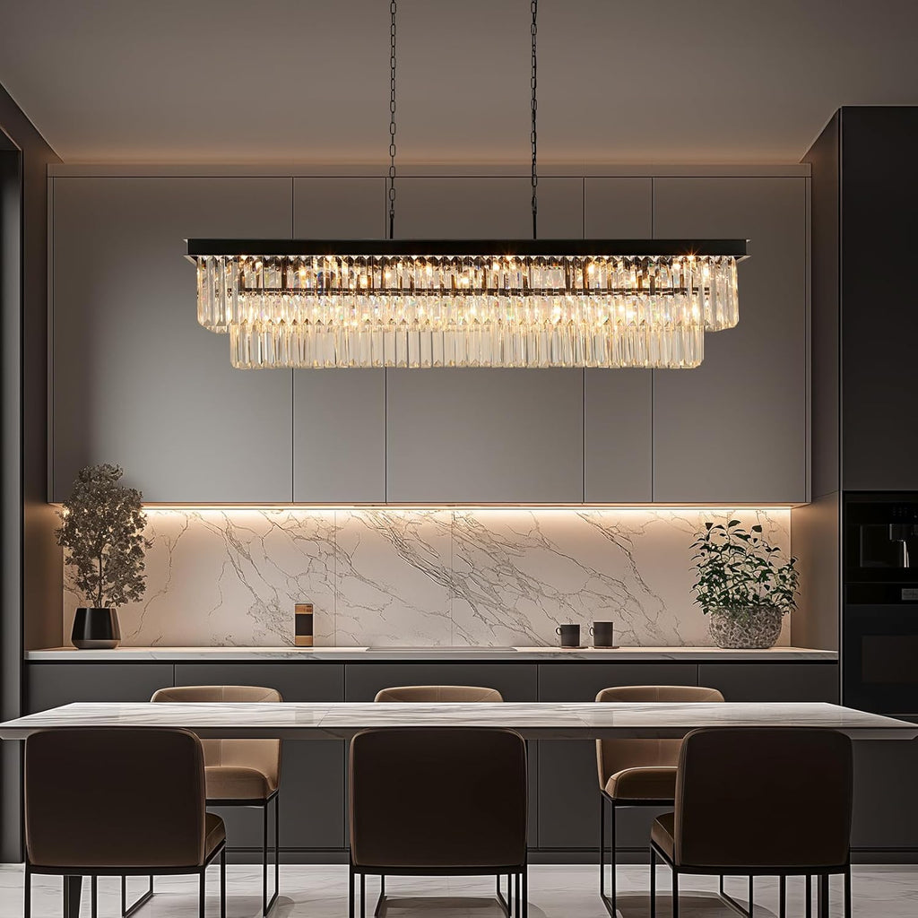 Crystal Chandeliers for Dining Room Light Fixtures Over Table，18-Lights Black Modern Rectangle Chandeliers for Kitchen Island Bar L46 Inch