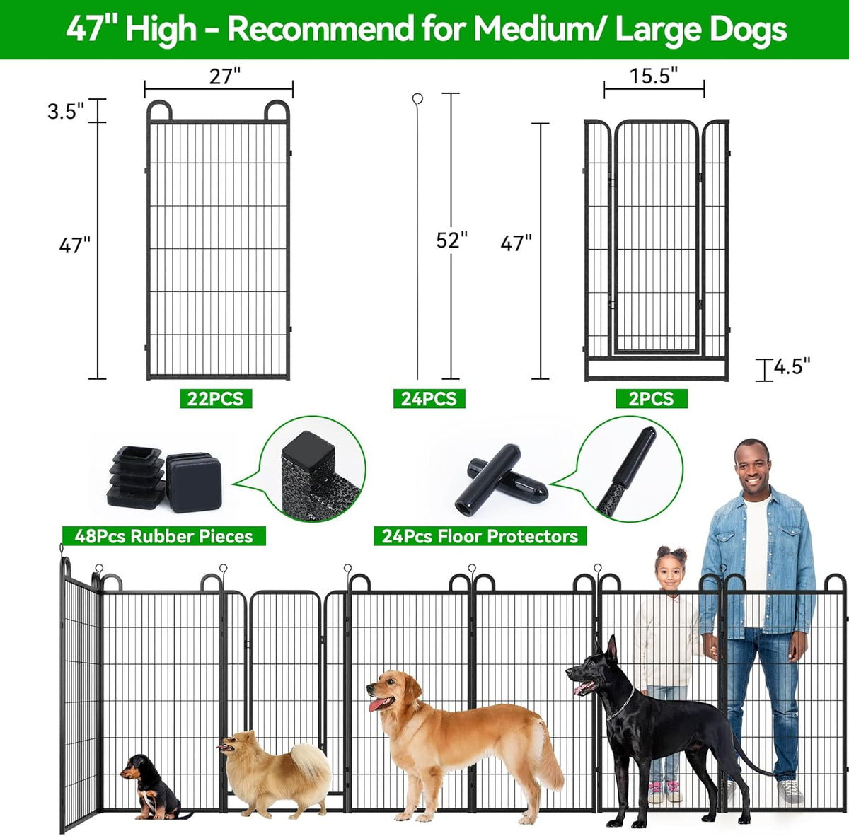 Dog Playpen Outdoor 24 Panels Heavy Duty Dog Fence 47" Height Anti-Rust with Doors Portable for RV Camping Yard, Total 54FT, 227 Sq.ft, Snowy Black
