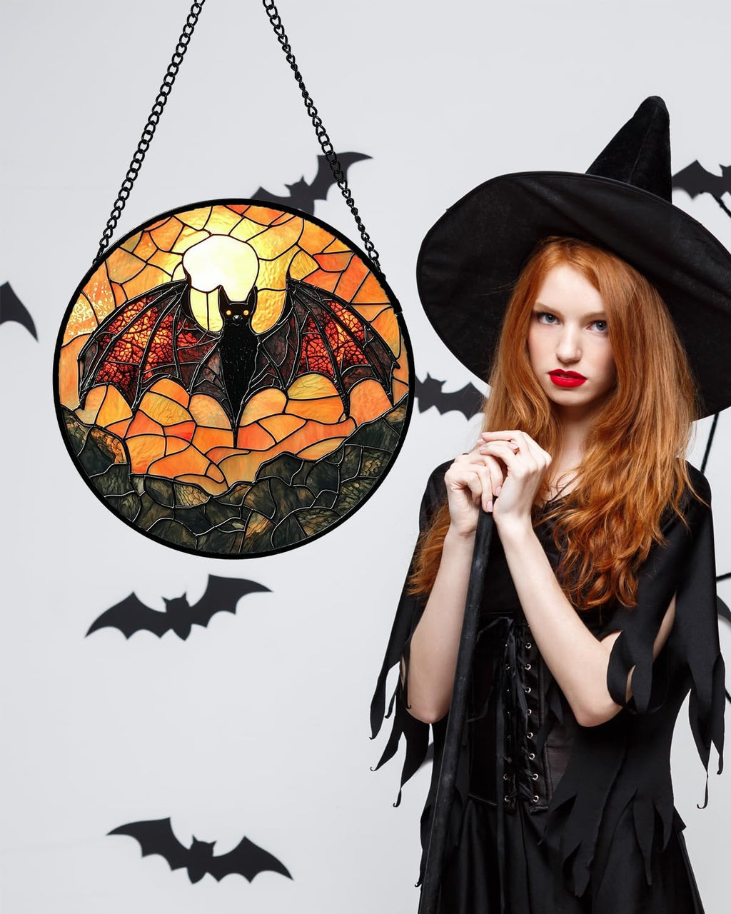 Stained Glass Window Hanging, Black Bat Sun Catcher for Door Home Decor Animal Suncatcher Christmas Mother's Day Birthday Gifts for Women Men Mom and Nana 6.3 in