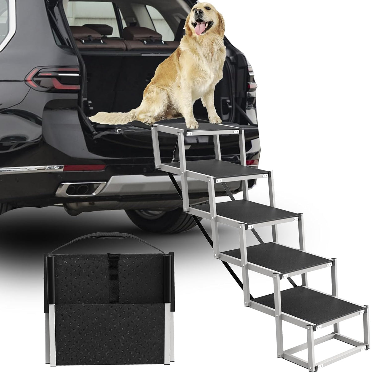 Dog Stairs for Large Dogs - 5 Step Foldable Dog Ramp for Car Non-Slip Surface Support up to 230lbs - Suitable for SUV,Truck, Sofas, Bed