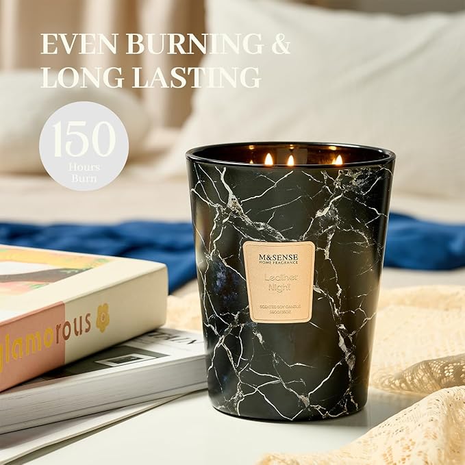 M&SENSE Extra Large Candle 35oz 150H LeatherNight Scented Candle,3 Wick Highly Scented Jar Candle, XL Candles Gift for Women and Men