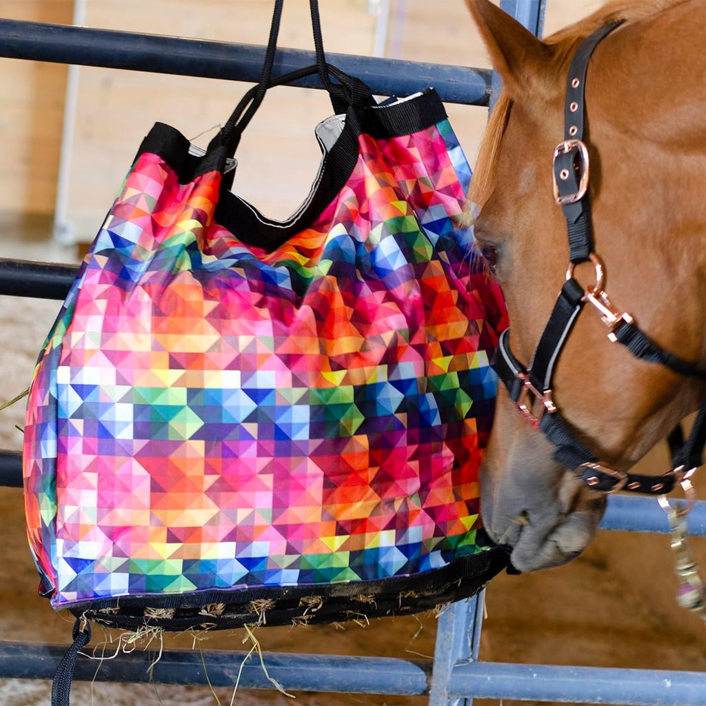Derby Originals Scratchless Slow Feeder Horse Hay Bag with Super Tough Bottom and 6 Month Warranty (Black with Turquoise Trim)