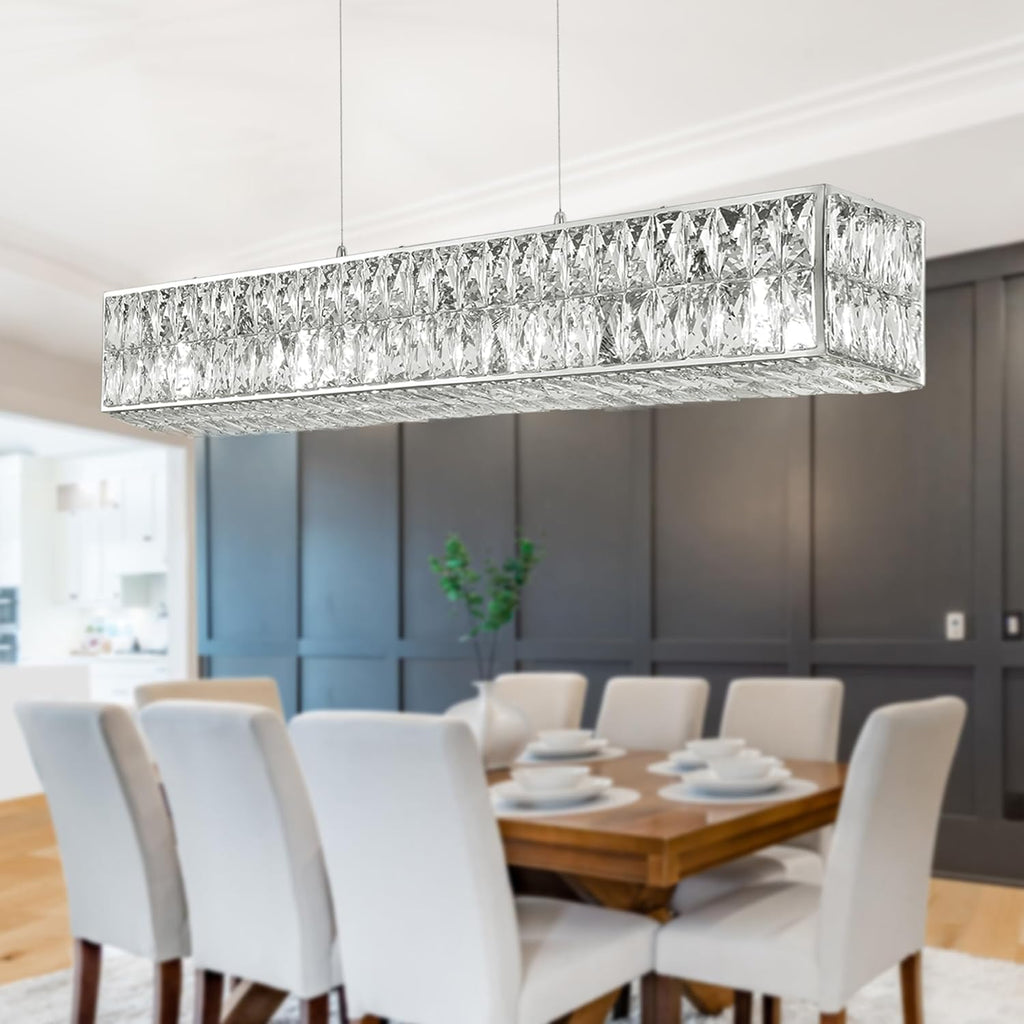 IKK Modern Rectangle Chandelier for Dining Room, Crystal Chandeliers with Stainless Steel in Chrome, Large Rectangular Pendant Light for Kitchen Island L40 x W6.7 x H6.3