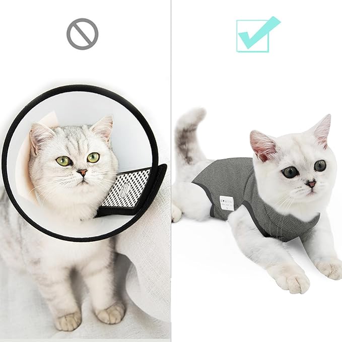 Cat Recovery Suit for Male and Female Surgical Post Surgery Soft Cone Onesie Shirt Clothes Neuter Licking Protective Diapers Outfit Cover Kitten Spay Collar(S, Grey)