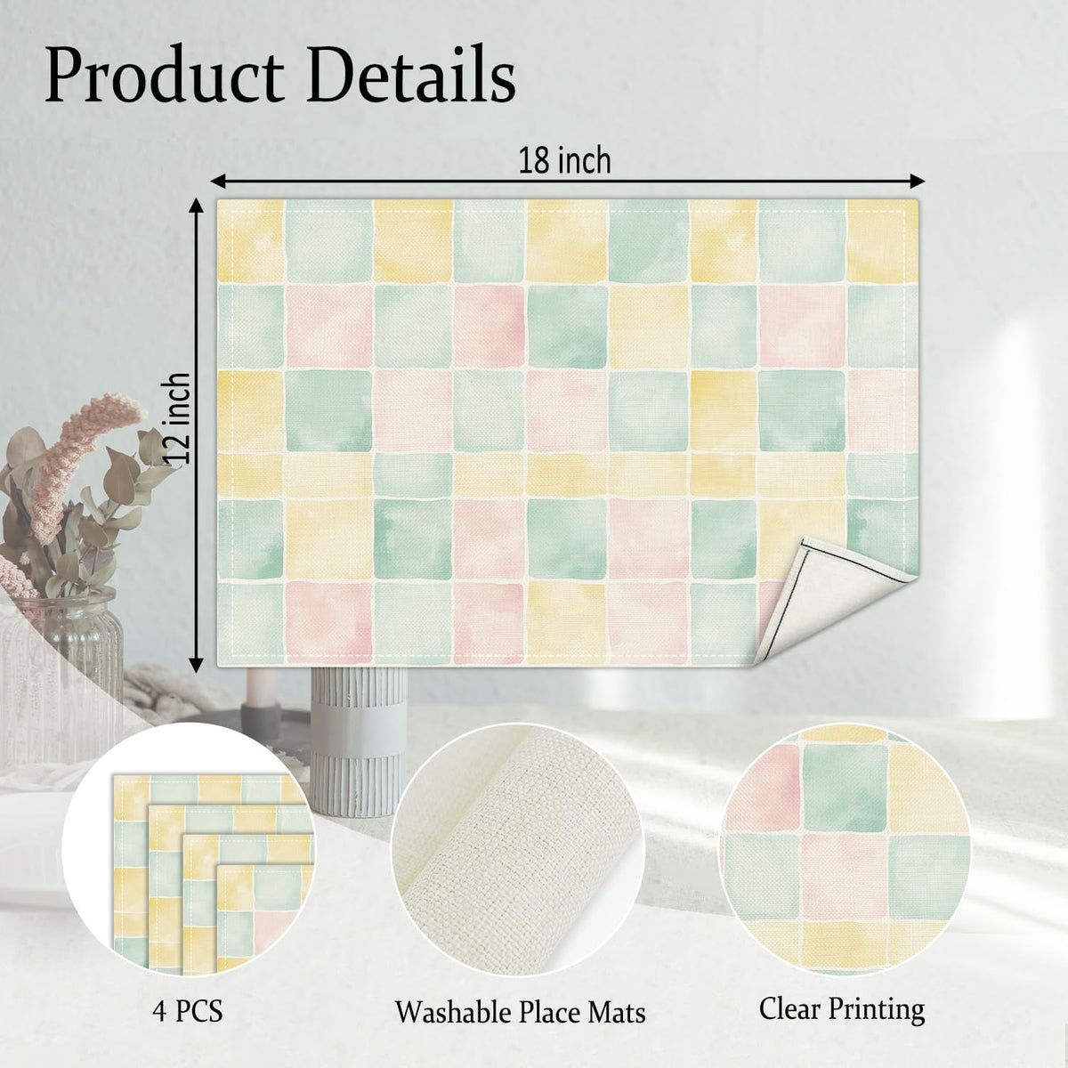 Watercolor Placemats Set of 4, Colorful Table Mat for Home Kitchen, Restaurants, Outdoor Linen Washable Place Mats 12x18 inch Party Event Dining Decoration-12