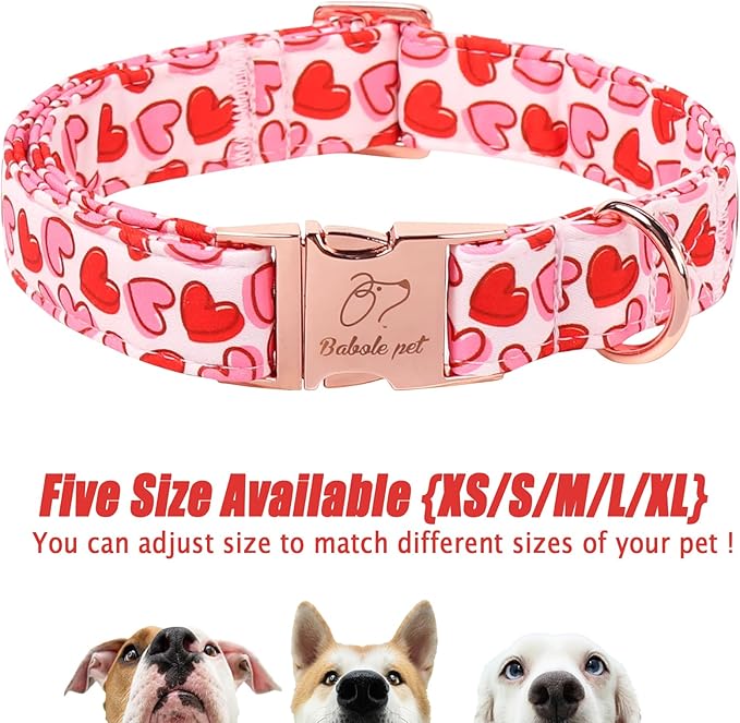 Valentines Dog Collar, Pink Heart Print Girl Dog Collars, Cute Valentine Puppy Collars, Adjustable Heavy Duty Pet Collar for Small Medium Large Dogs with Metal Buckle XS
