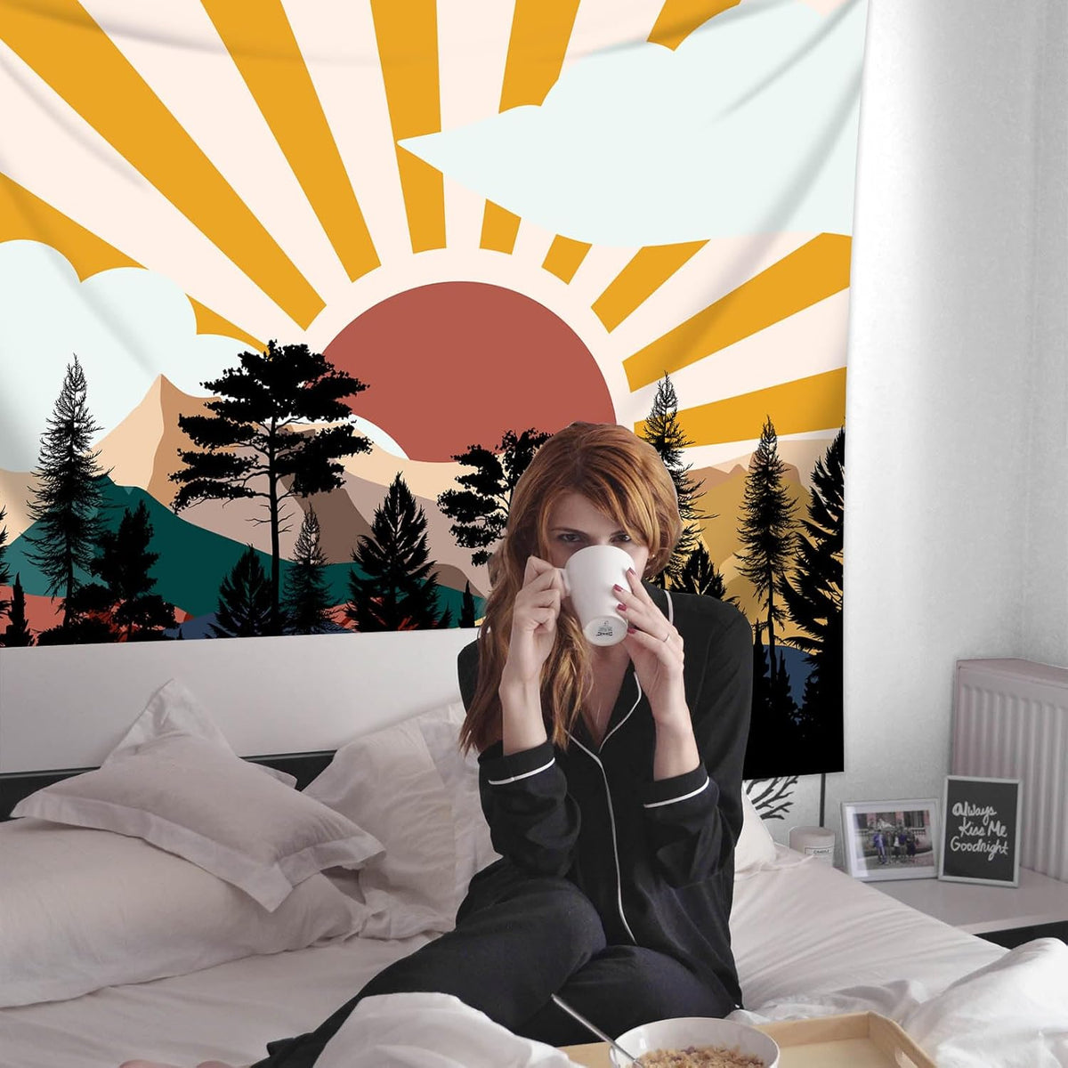 dueeia Boho Sun Tapestry Wall Hanging Abstract Mountain Tree Forest Sunset Sunrise Wall Tapestries for Mens Bedroom Living Room Wall Decor (90.6"x70.9")
