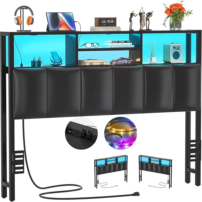 Aheaplus Headboard for Full Size Bed with Storage, Upholstered Headboards with Outlets, USB Ports and LED Light, Reversible Full Size Head Board, Height Adjustable, Comfortable Headboard, Black
