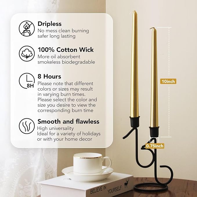 New Burning Formula Unscented Dripless 10-Inch Taper Candles Set of 12 - Gold, for Wedding, Dinner - Smokeless, Long Burning - Hand Poured, Colored Tall Candlesticks - Oro