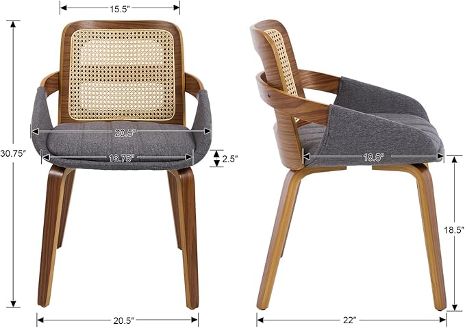 DUOMAY Modern Linen Dining Chairs Set of 2, Cane Back Room Chairs with Solid Wood Legs Kitchen Chairs for Living Room, Restaurant, Grey