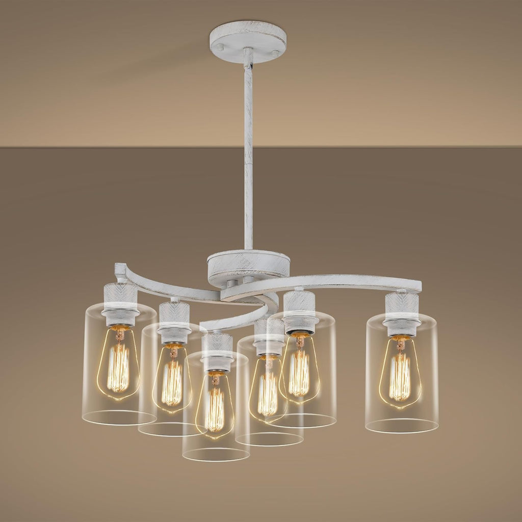 6-Light Antique White Chandelier with Clear Glass Shade, French Country Chandeliers for Dining Room, Adjustable Height Hanging Farmhouse Pendant Lighting for Kitchen Island Entryway Office