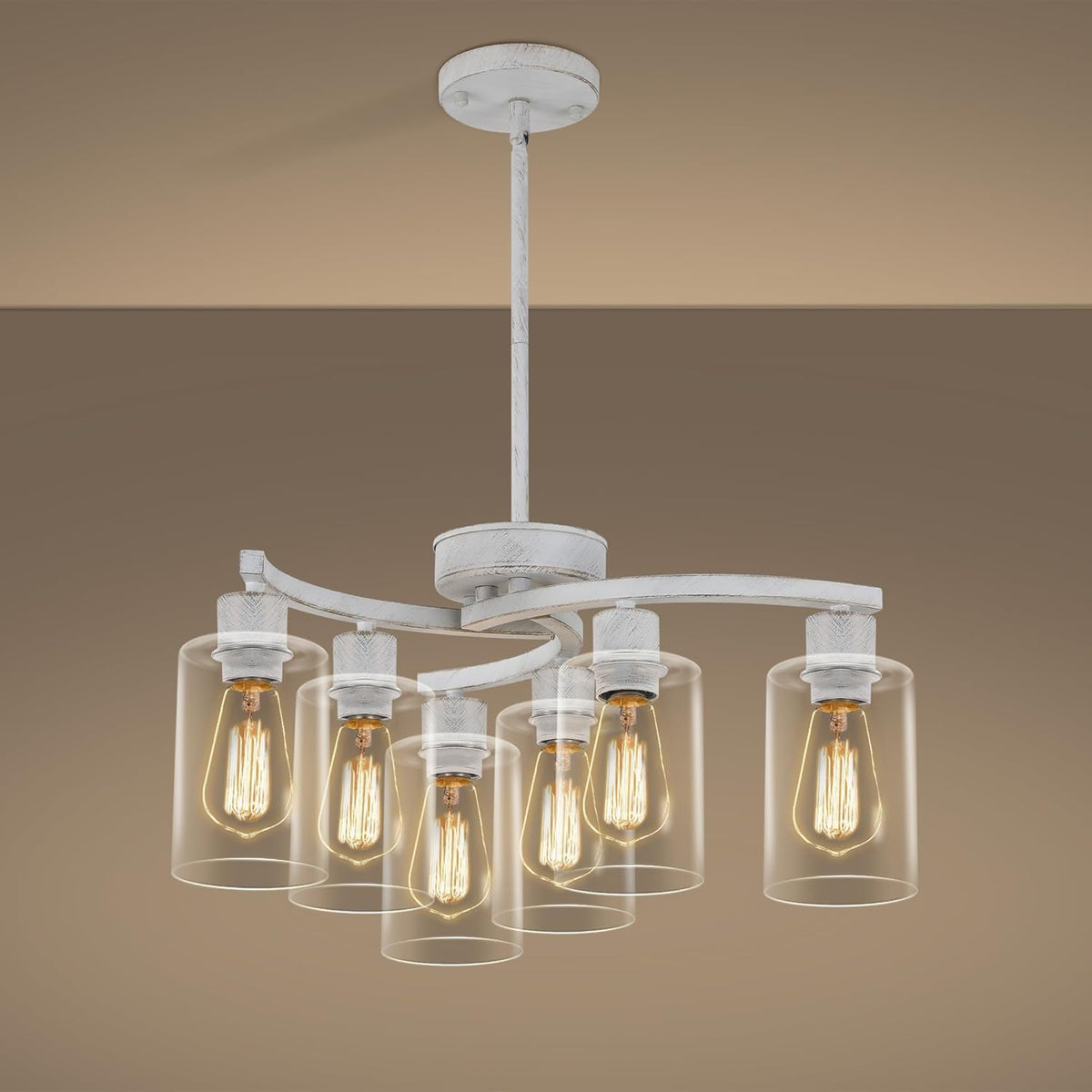 6-Light Antique White Chandelier with Clear Glass Shade, French Country Chandeliers for Dining Room, Adjustable Height Hanging Farmhouse Pendant Lighting for Kitchen Island Entryway Office